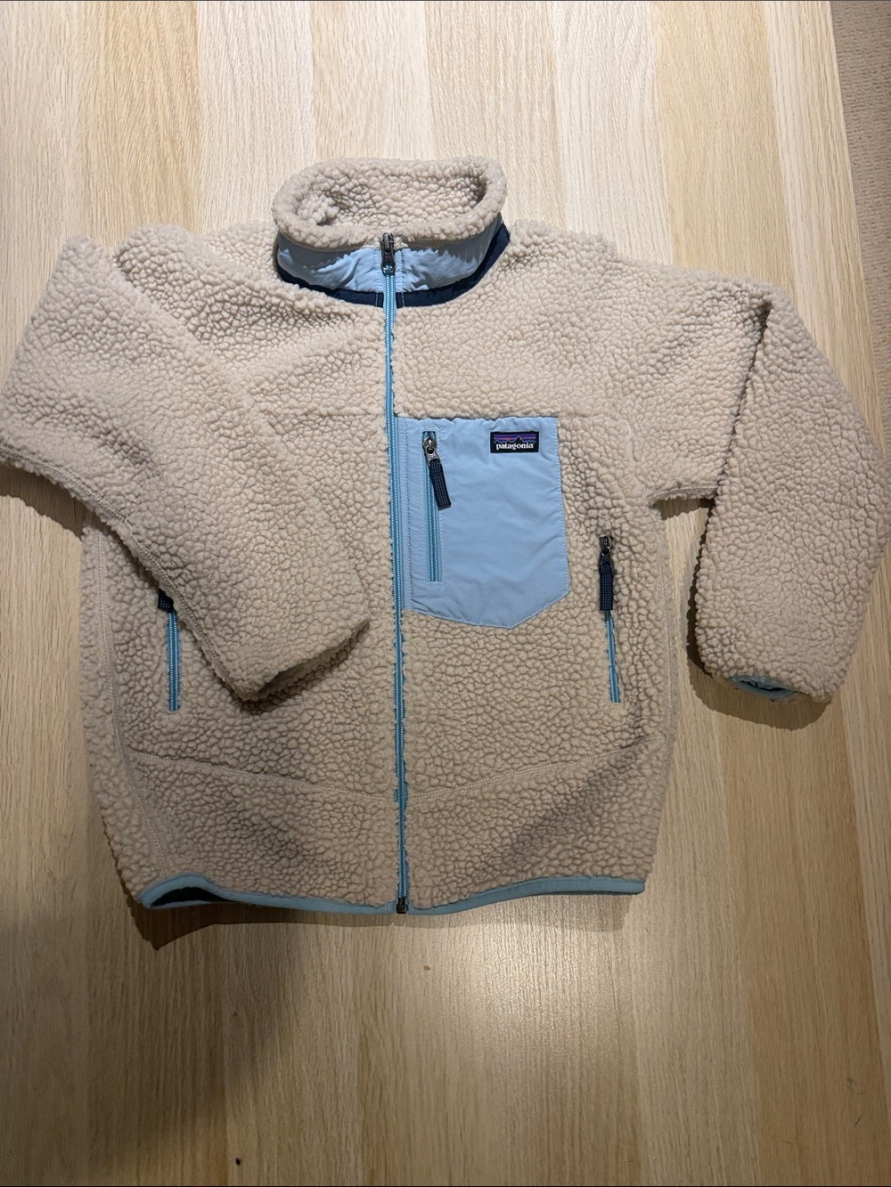 Patagonia Cream Sherpa Fleece Jacket with Light Blue Accents
